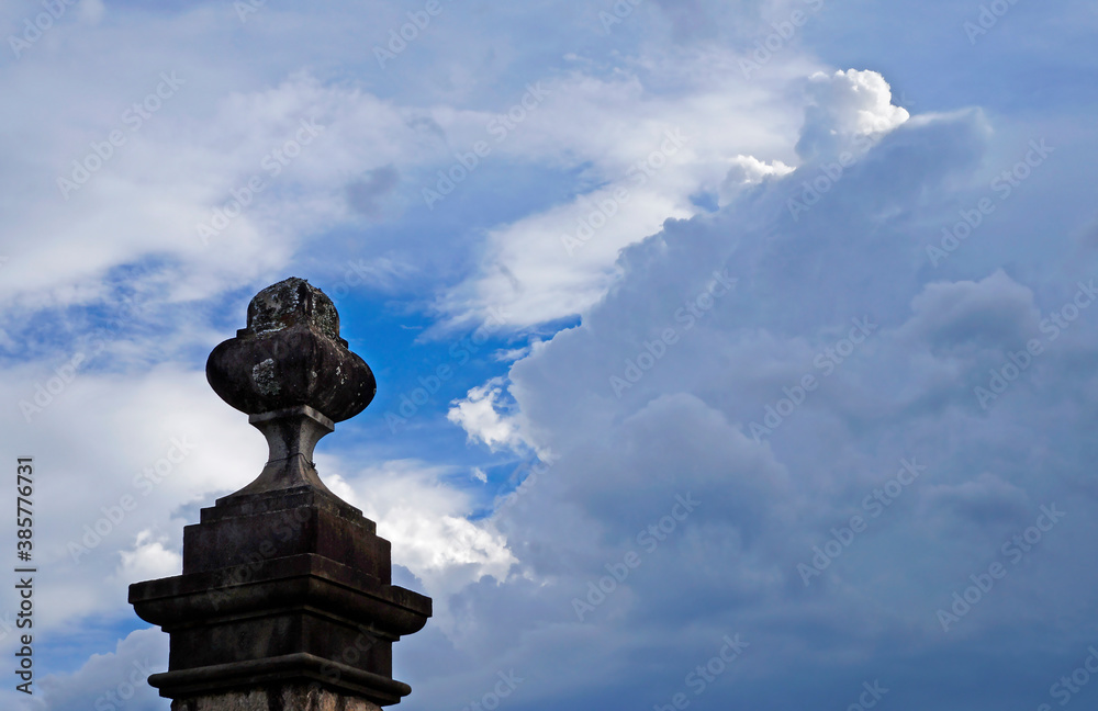 Decorative pinnacle and sky with clouds, Sao Joao del Rei, Minas Gerais, Brazil