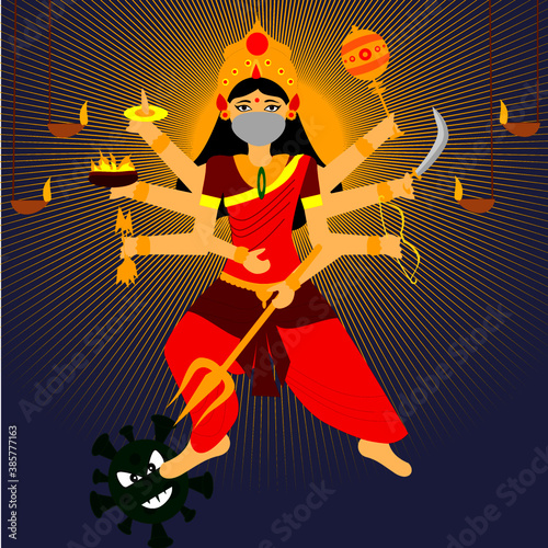 Navratri festival celebration in India, Vector of Hindu Goddess Maa Durga with medical  face mask killing coronavirus, covid-19.
