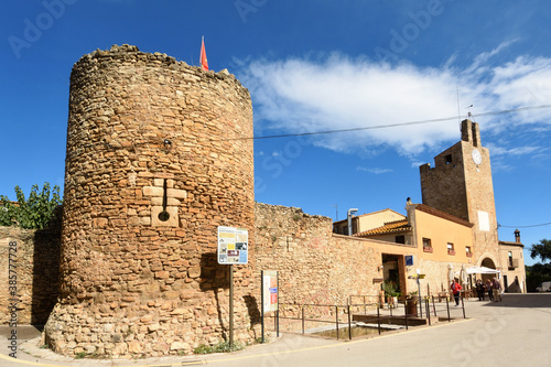 Walls and tower les Hores of village of Palau-Sator, Baix Emporda, Girona province; Catalonia; Spain