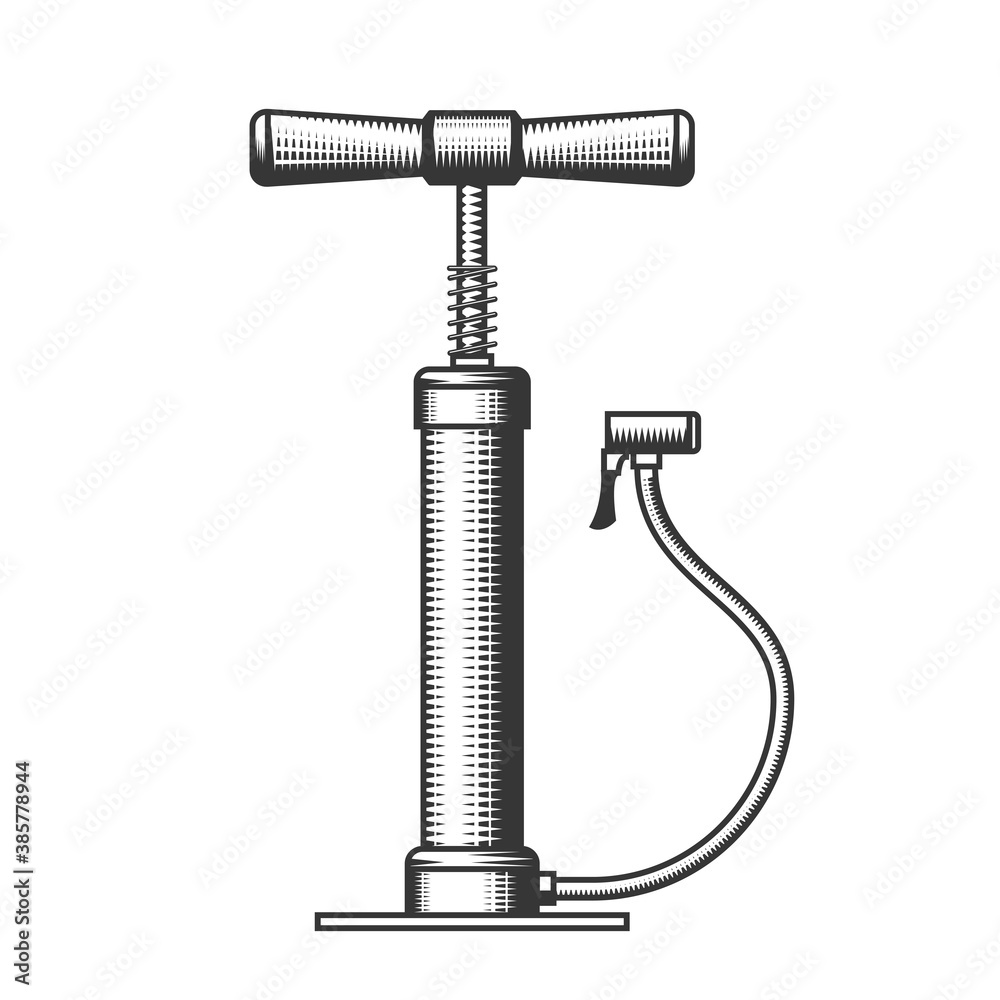 Old hand air-pump, bicycle pump with wooden handles in engraving style Old hand air-pump, bicycle pump with wooden handles in engraving style