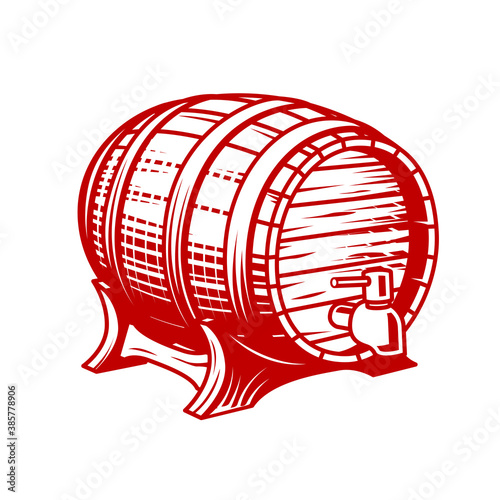 Old wooden wine or beer barrel with faucet in engraving style, cask