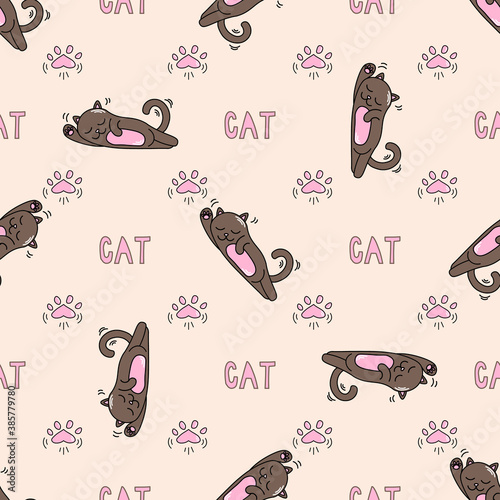 seamless pattern with fanny little cats, text and cats paws vector image background