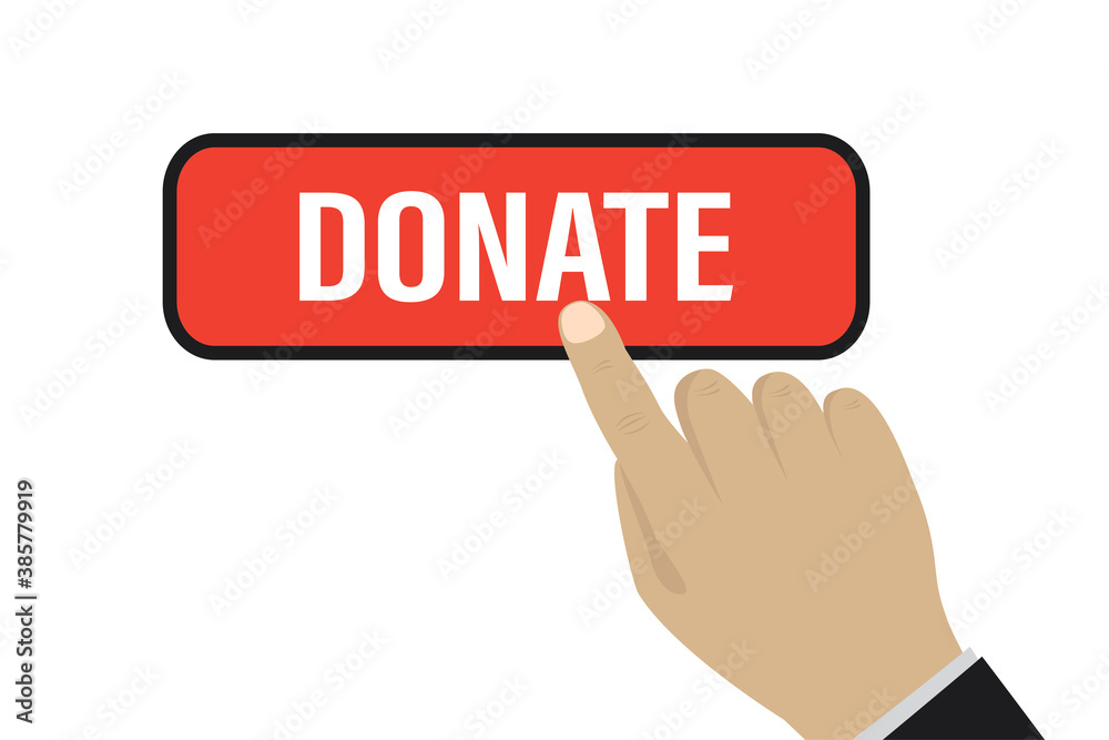 Charity donation funding, social responsibility. Cartoon hand push big red button. Business donating money. Charity donation funding, social responsibility. Cartoon hand push big red button. Business donating money.