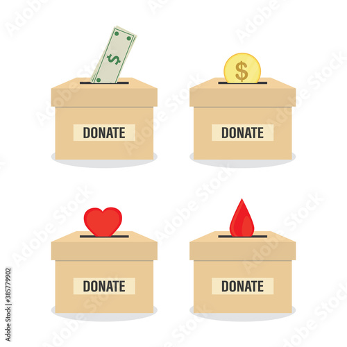 Charity donation funding, social responsibility. Set of donation cardboard boxes. Humans donating money, blood or love.