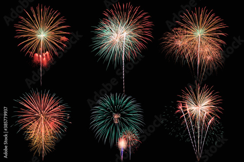 Six colorful fireworks on black background  New Year celebration concept.