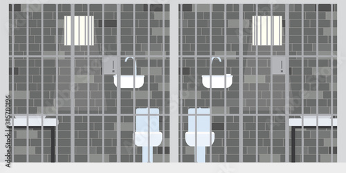 Empty prison cells. Interrogation Room. Steel bars and metal door. Interior jail cell with furniture. Penitentiary system.