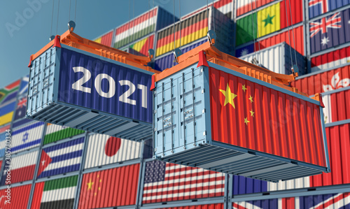 Trading 2021. Freight container with China flag. 3D Rendering © Marius Faust