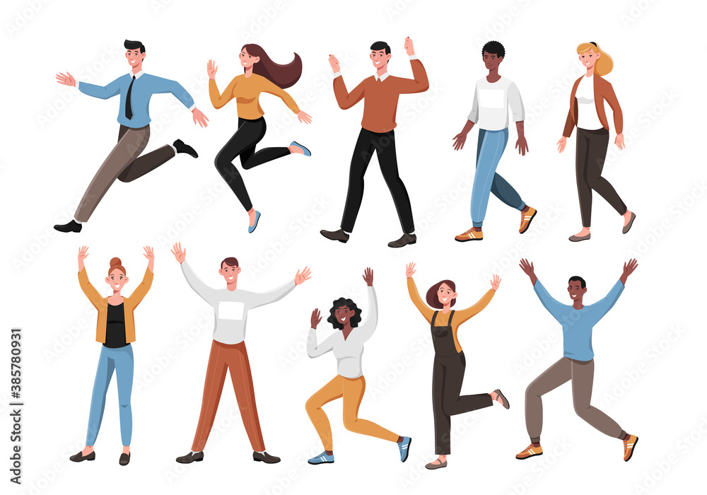 Large set of active multiracial diverse people rejoicing, walking and running with some waving their arms isolated on white for design elements, colored vector illustration