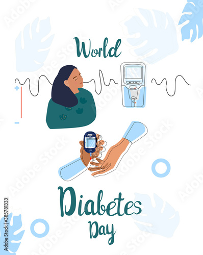 World diabetes day line art vector illustration.Young sick girl is making Blood Sugar or glucose Test using medical device.Electrochemical or Photometric glucometer.Equal rights for disability persons