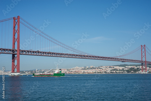 Lisbon - Portugal - 29 September 2020 - panorama of the famous 25th April suspension bridge on the tage river