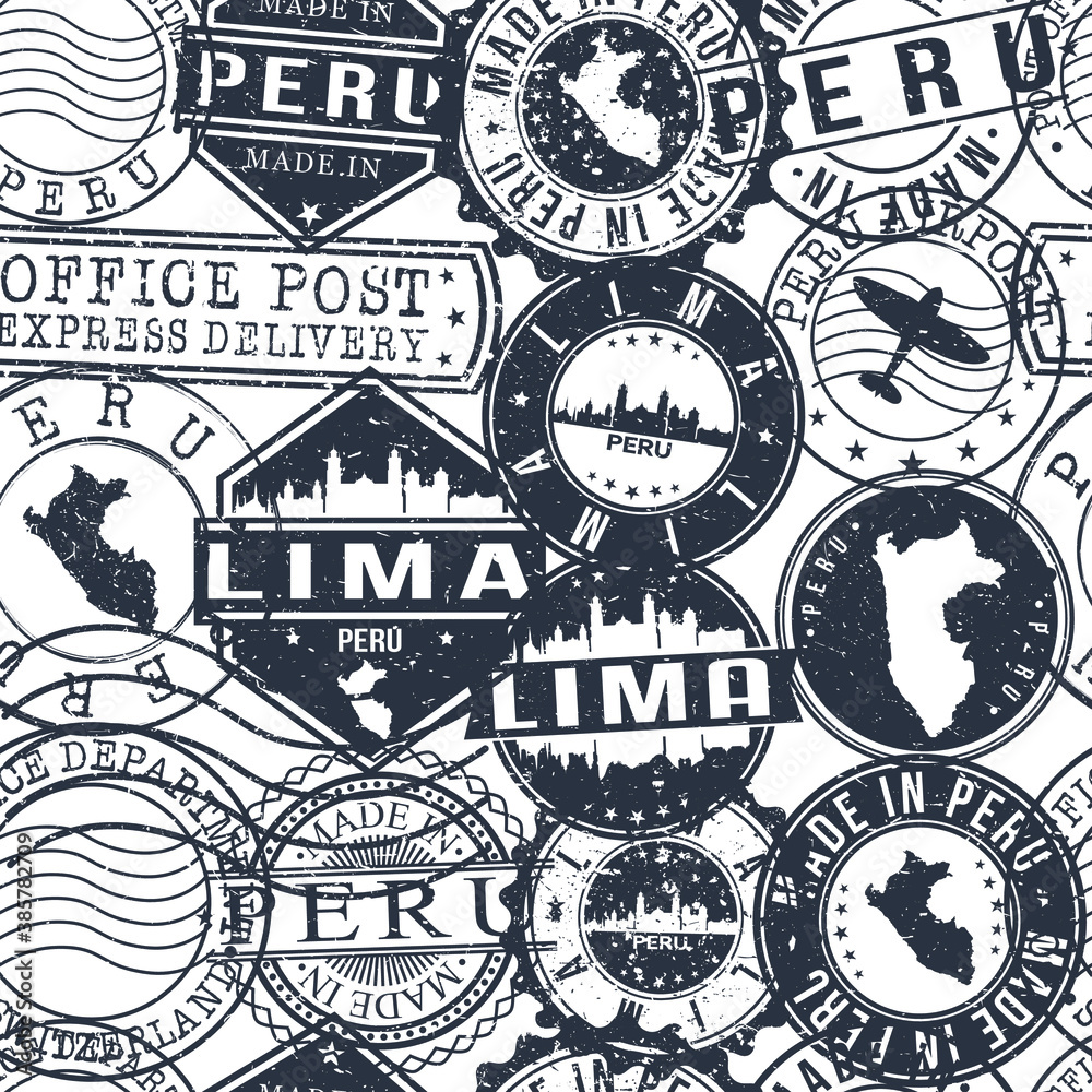 Lima Peru Stamps Background. City Stamp Vector Art. Postal Passport Travel. Design Set Pattern.