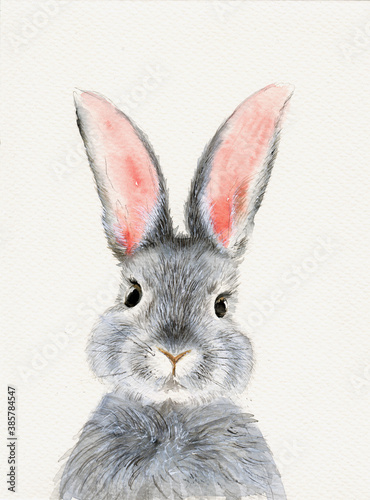 Fotografiet Watercolor illustration of a cute fluffy grey rabbit with pink ears in a blank b