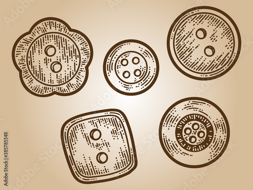 Five buttons sketch scratch board imitation. Sepia hand drawn image.