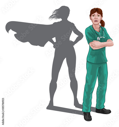 A nurse or doctor super hero woman in surgical or hospital scrubs. With arms folded and serious but caring look. Revealed as a superhero by the shape of her shadow.