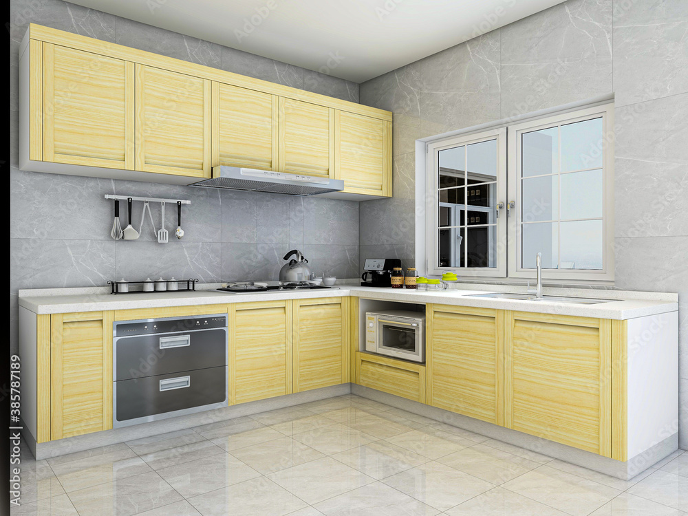 There are cabinets, countertops and other facilities in the clean kitchen There are cabinets, countertops and other facilities in the clean kitchen