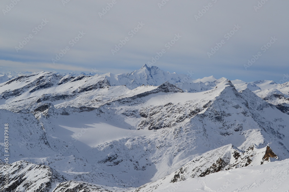 Mountain peaks in the snow