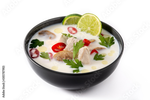 Traditional Thai food Tom Kha Gai in bowl isolated on white background