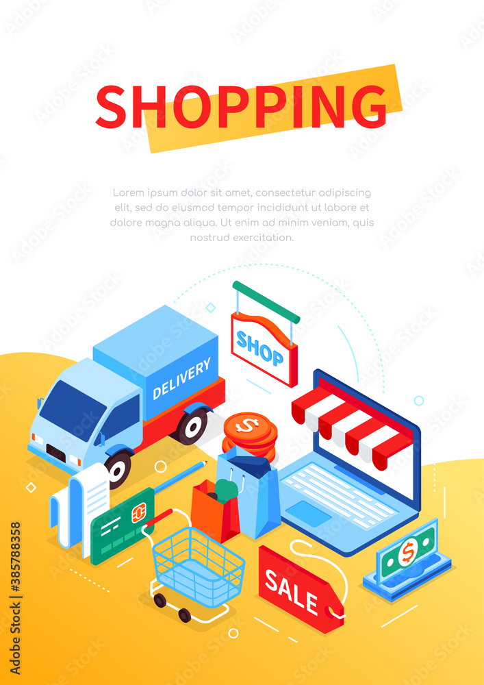 Online shopping and delivery - modern colorful isometric web banner