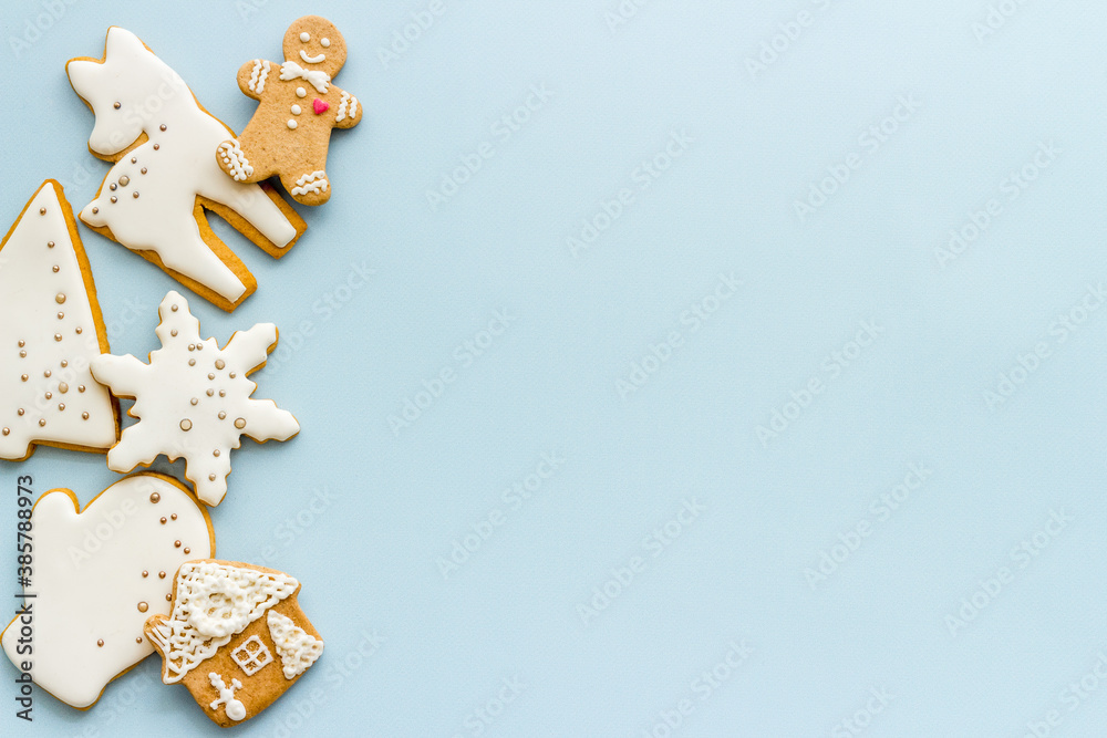 White Christmas cookies with gingerbread men, top view