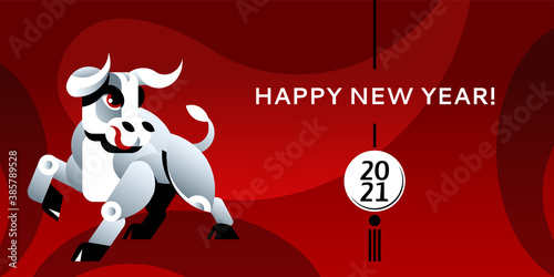 White metal Ox - symbol of the 2021 Chinese New Year. Zodiac Sign of bull on a red background for a calendar or card. Vector illustration of Ox for Holiday of the 2021 in  China, Korea, Hong kong.