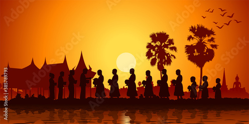 family of buddhist give food offering to monks or ask as a favour receive food or ask for alms,routine of monk