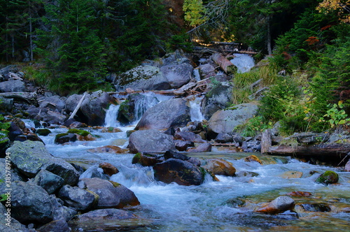 mountain landscape, forest, river, autumn, lake, stones, rocks