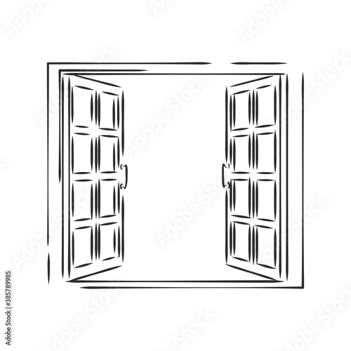Modern double pvc sash on light inside wall backdrop. window , vector sketch illustration