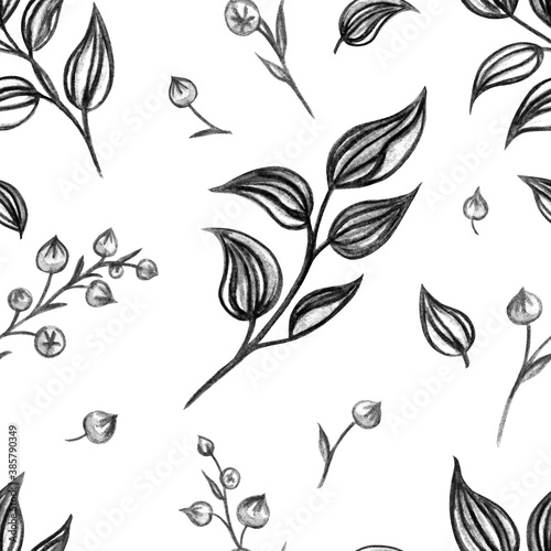 Decorative branches seamless pattern in black and white colors, watercolor print on fabric, wrapping paper, home decor.