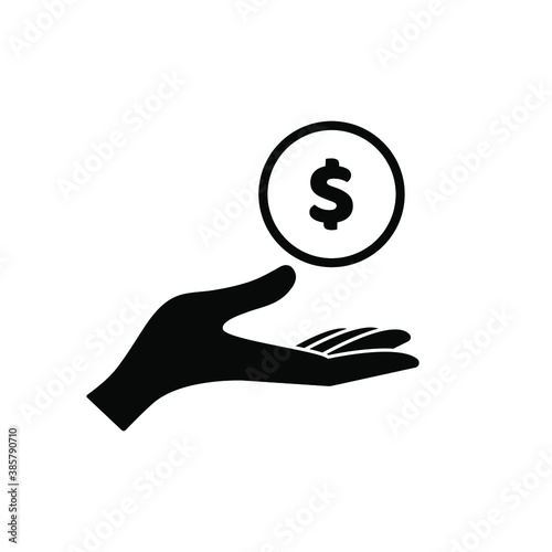 Hand holds a dollar coin. Vector icon  flat minimal design  black flat silhouette  isolated on white background  eps 10. Concept  business  finance.