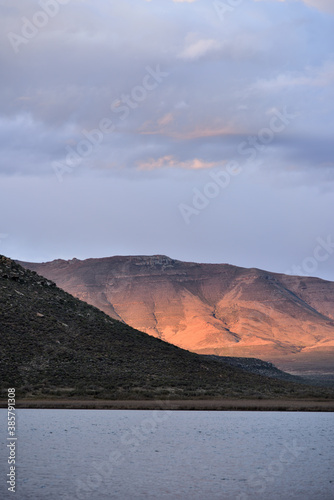 Late afternoon sun reflecting off a rocky hill in the Karoo in South Africa