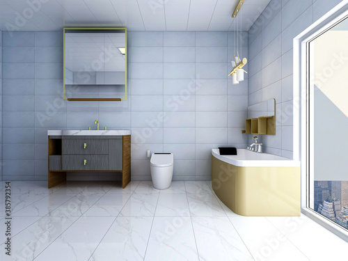 The clean and bright washroom is equipped with washstand  bathroom and other facilities