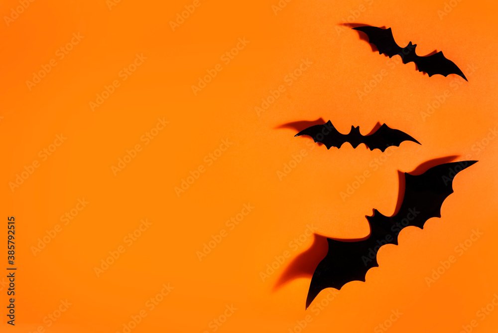 Halloween background flat lay. Scary bats on orange paper backdrop. Minimal clean design layout.