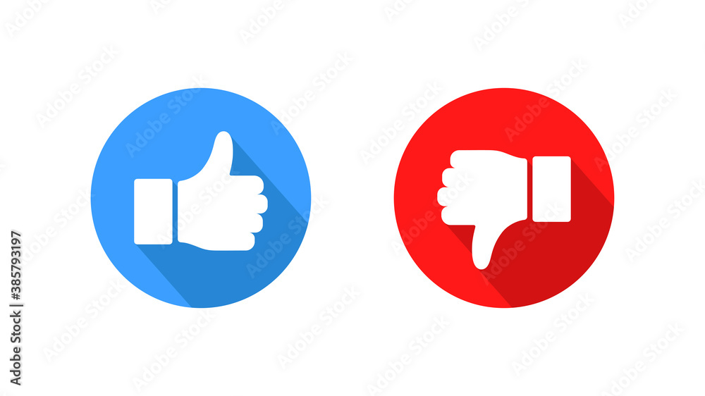 Hand Thumb Up and Hand Thumb Down Icon. Like and Dislike Symbol with Blue and Red Long Shadow. Usable for Web and Social Media Templates. Flat Vector Icon Design Template Element. Hand Thumb Up and Hand Thumb Down Icon. Like and Dislike Symbol with Blue and Red Long Shadow. Usable for Web and Social Media Templates. Flat Vector Icon Design Template Element.