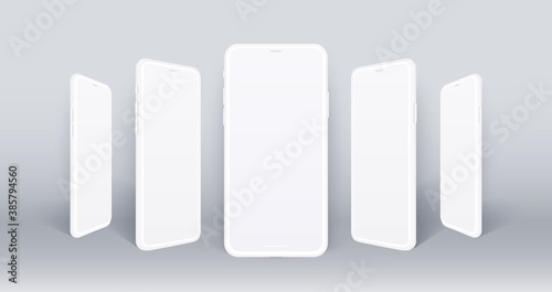 Clay smartphone mockup set. 3D realistic mobile device for presentation your ui and ux design, modern thin frame white phone with blank screen isolated with shadow, vector illustration.