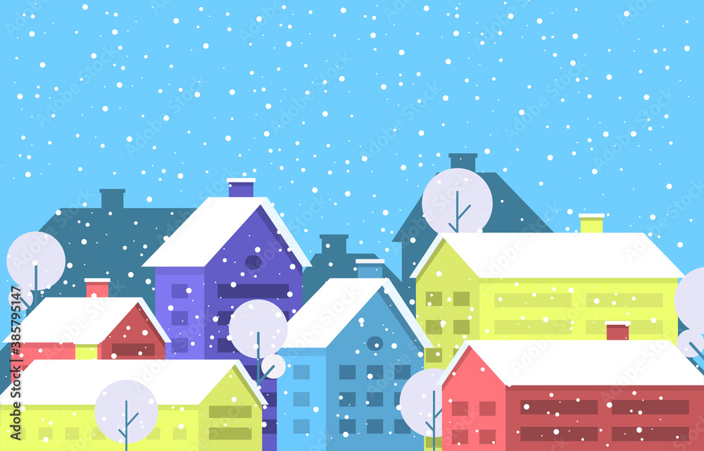 Winter Snow Tree Snowfall City House Landscape Illustration