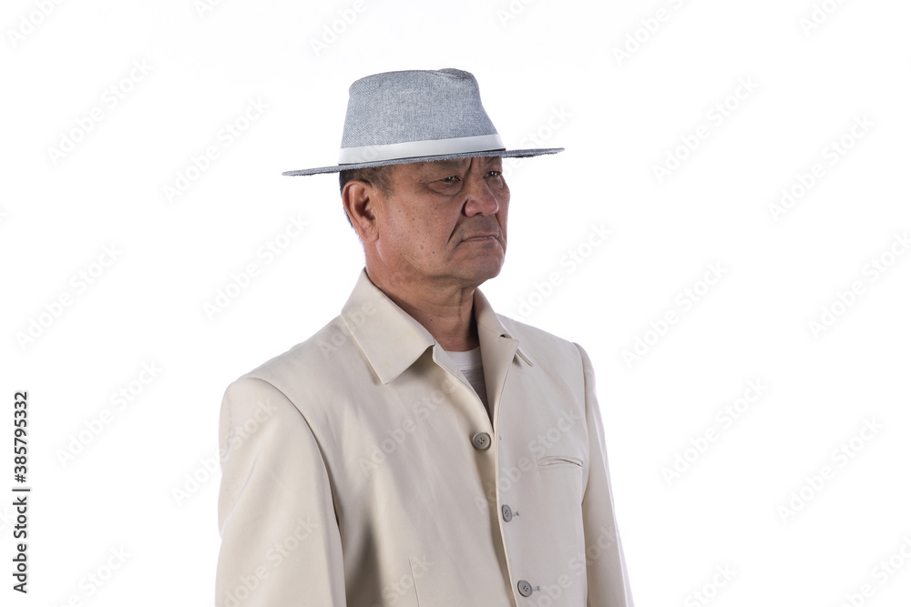 portrait of asian old man in hat on white background