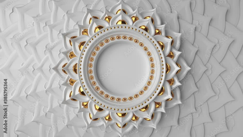 3d abstract white gold decorative asian background, animated blank round frame with copy space, spinning rows of lotus petals, loop animation of mandala design