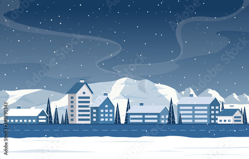 Winter Snow Pine Mountain Snowfall Rural House Landscape Illustration