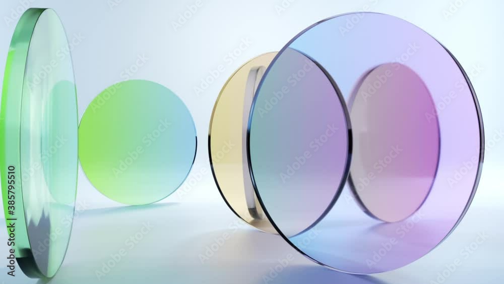 loop 3d animation, colorful translucent glass blocks spin and rotate on white background, round lenses