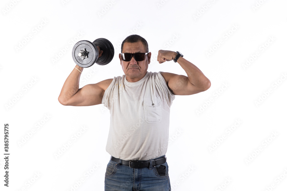 muscular strong old man with dumbbells on white background muscular strong old man with dumbbells on white background