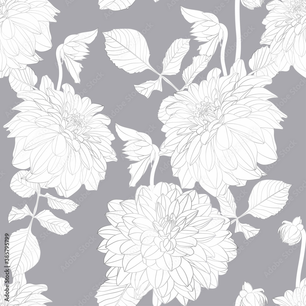 Naklejka premium Silver Dahlia flowers repeat seamless pattern. Great for spring and summer wallpaper, backgrounds, invitations, packaging design projects.