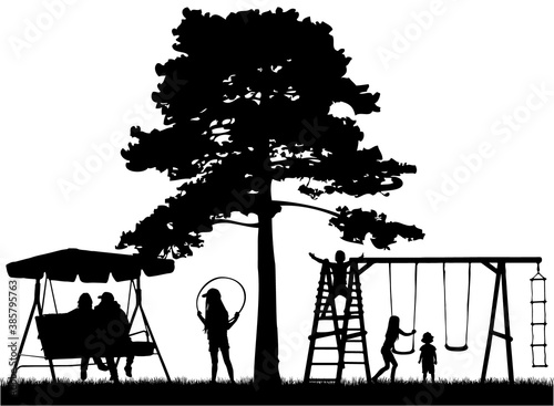 Family, children silhouette at the playground, vector illustration