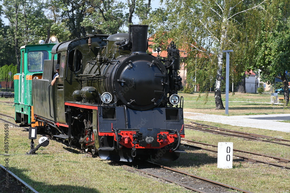 Fototapeta premium Close up on a vintage train with a black metal body and red and white wheels standing on a side track surrounded with some trees and with a train station visible in the background in Poland