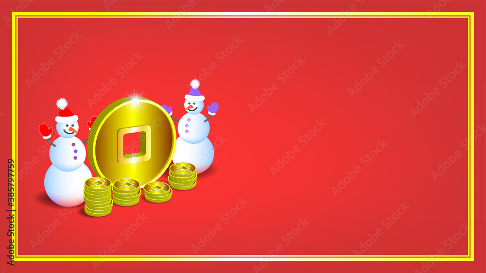Fototapeta premium A poster dedicated to winter holidays. Funny two snowmen with a large Asian gold 3d token with a square hole. Stacks of golden coins with shadows on a red background in a frame. EPS10