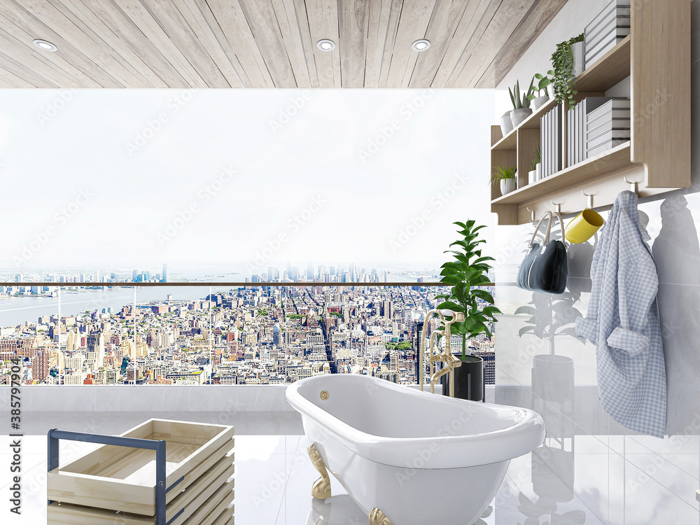 The bright and clean bathroom has bathtub and washstand