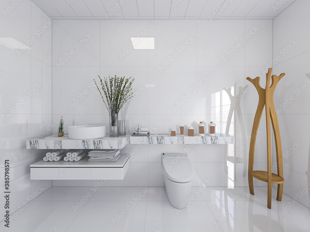 Wall Mural The bright and clean bathroom has bathtub and washstand