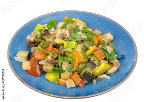 Bright vegetable stew of seasonal vegetables on plate on white background