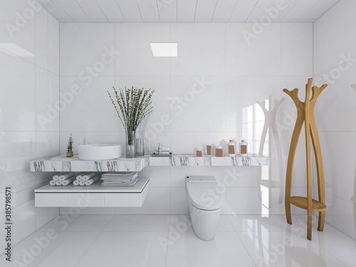 The bright and clean bathroom has bathtub and washstand