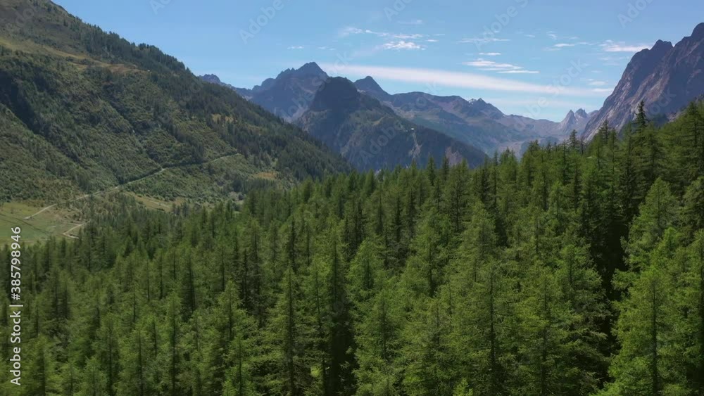 Alpine Forestry and Mountain Landscape in the Northern Italy Alpine Region. Val Ferret Valley. Alpine Forestry and Mountain Landscape in the Northern Italy Alpine Region. Val Ferret Valley.
