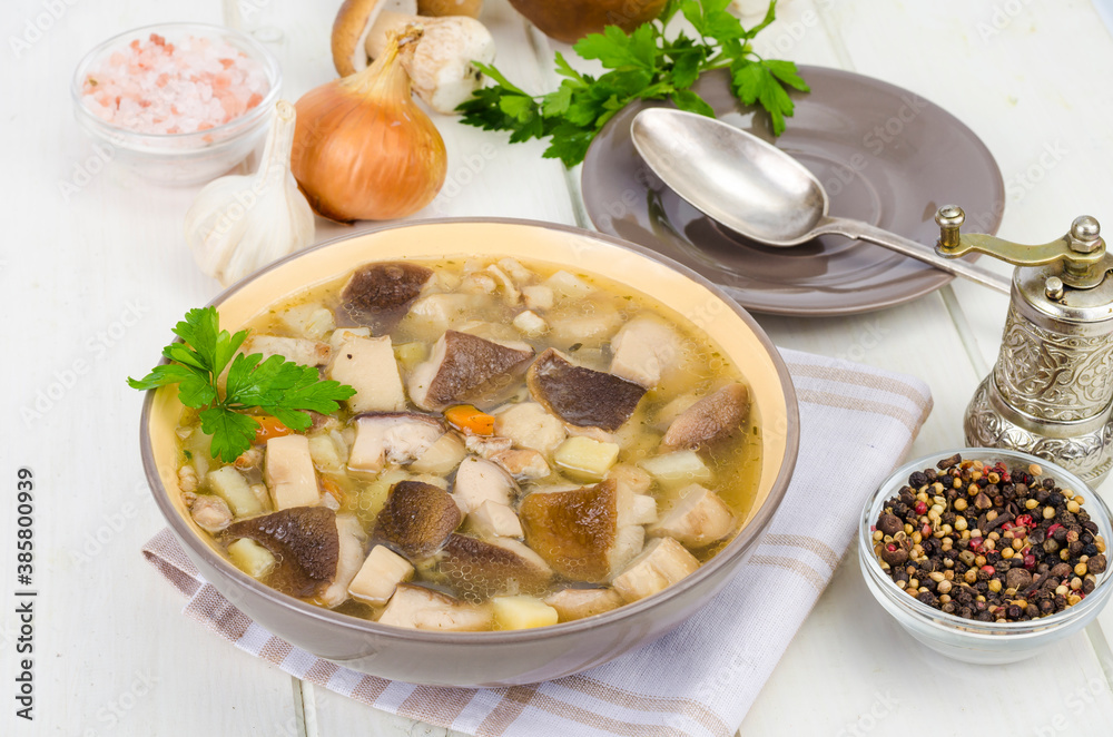 Bowl of forest edible porcini mushroom soup on wooden table Bowl of forest edible porcini mushroom soup on wooden table